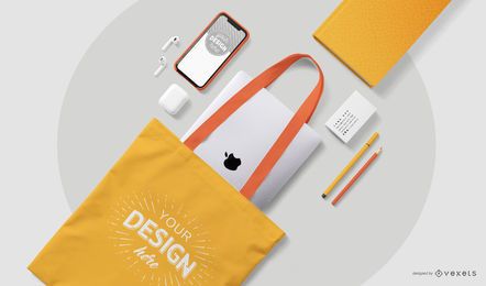 ToteTechStationeryMockupComp FREE Stock Psd, mockup, tote-bag, composition picture