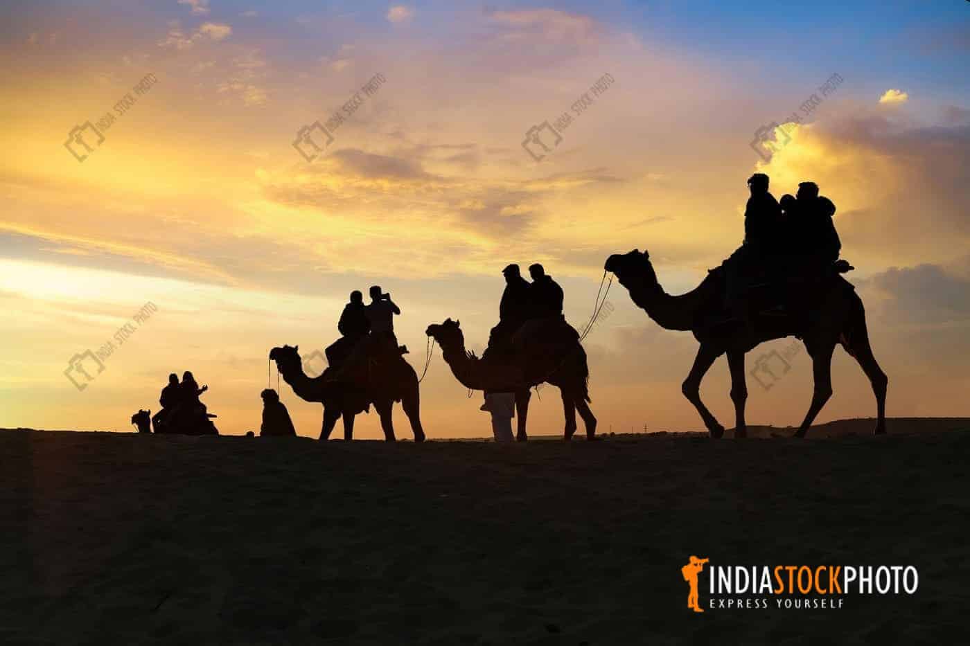 Camel safari at Thar desert Rajasthan at sunset