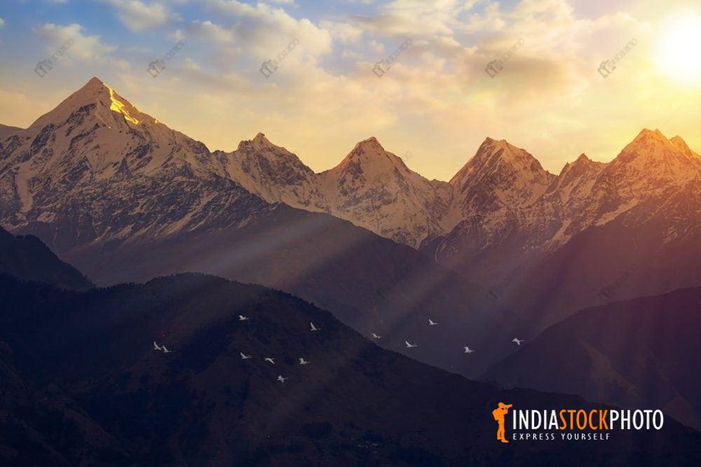 Panchchuli Himalaya mountain range at sunrise as seen from Munsiyari