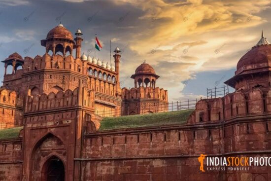 Historic Red Fort Delhi at sunset made of red sandstone