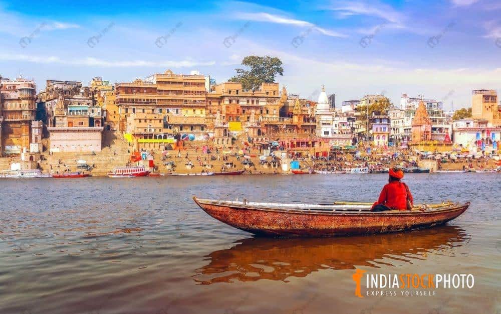 Indian Sadhu at Varanasi on a boat on river Ganges