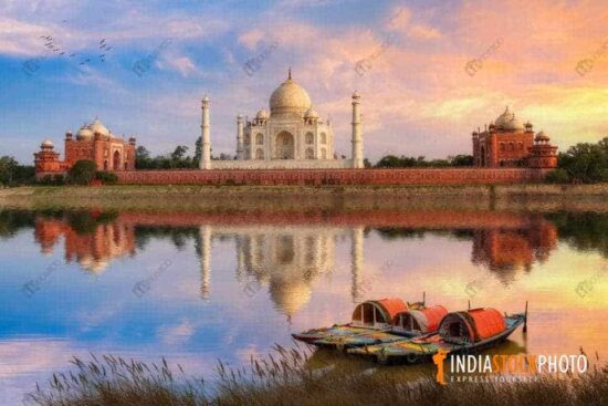 Taj Mahal Agra on the banks of river Yamuna at sunset
