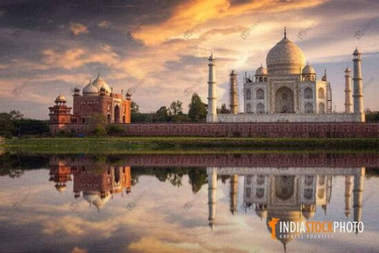 Taj Mahal Agra at sunset with water reflection