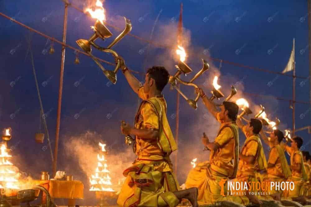 Hindu priests perform Varanasi Ganga aarti with holy fire
