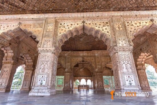 Red Fort interior architecture with marble artwork of Diwan-i-Aam at Delhi
