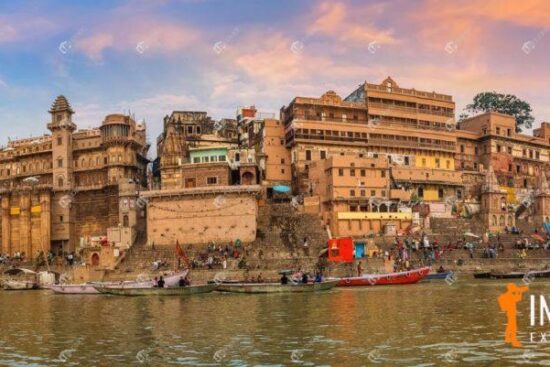 Varanasi city architecture panoramic view at sunset as seen from a boat