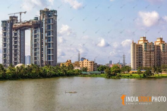 Modern city high rise buildings with adjoining lake at Kolkata