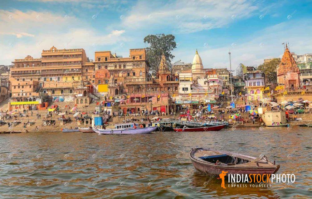 Historic Varanasi city as viewed from a boat on river Ganges