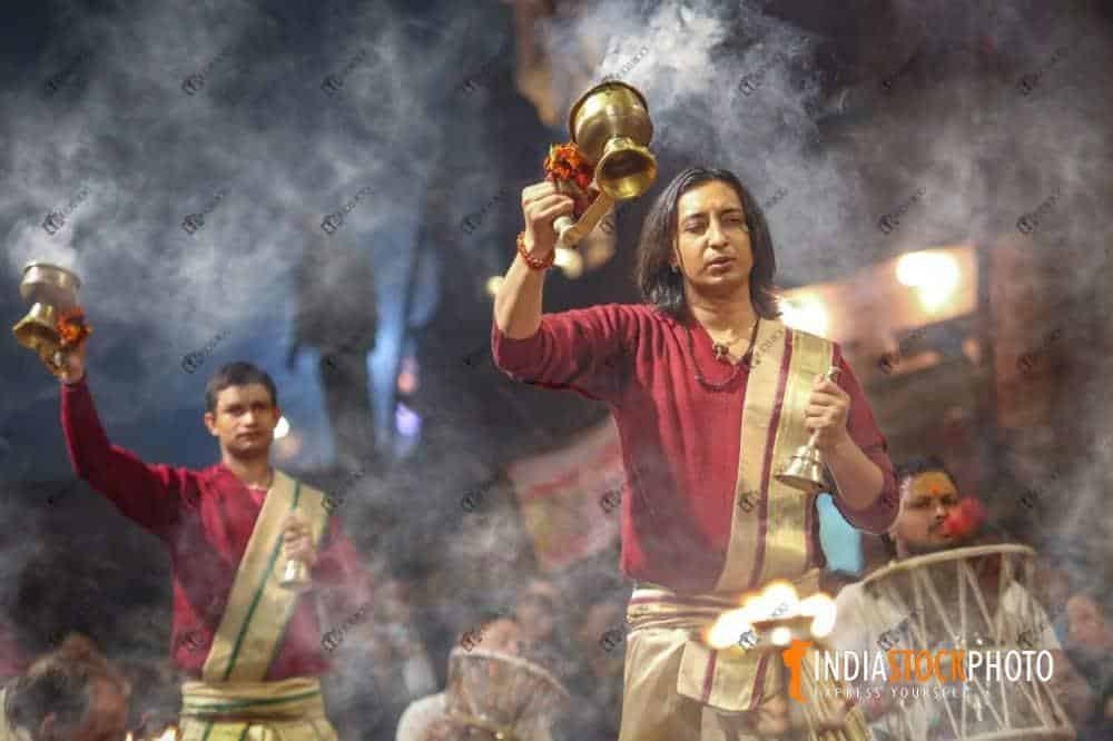 Hindu monks perform Ganga aarti ceremony rituals at Varanasi