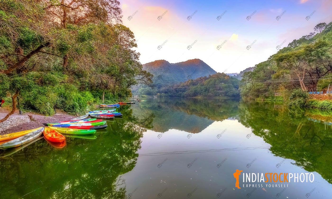 Sattal lake Nainital with scenic mountain landscape at sunset