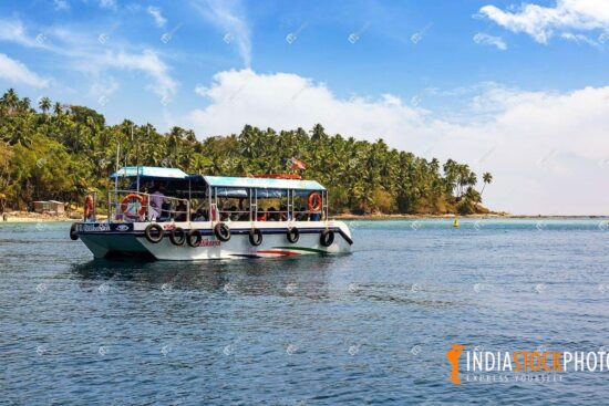 Tourist speed boat near North Bay island beach at Andaman