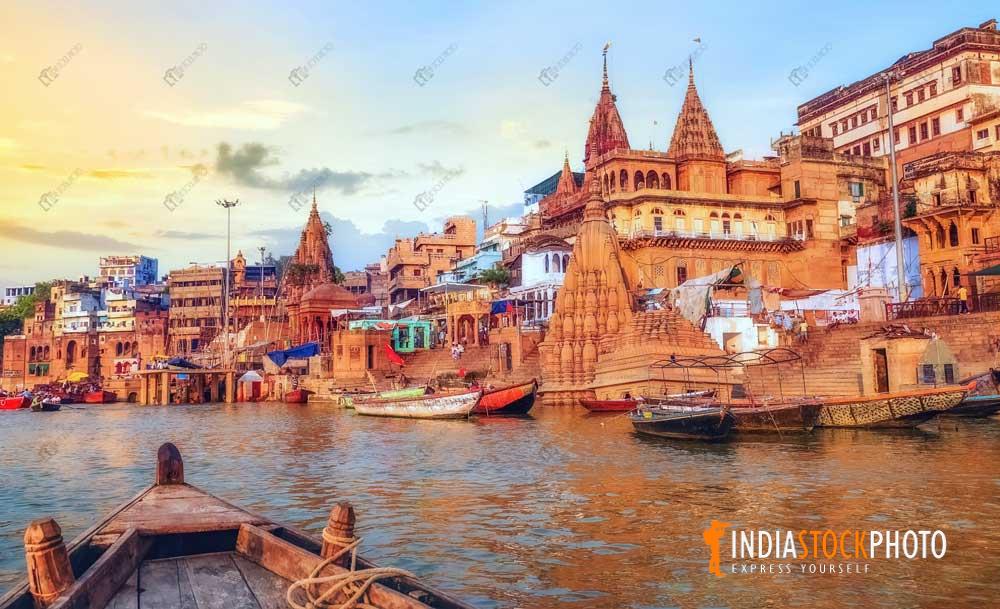 Varanasi ancient city with Ganges Ghat at sunset