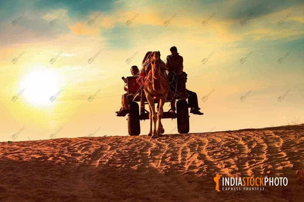 Camel cart with tourists at Thar desert Jaisalmer Rajasthan