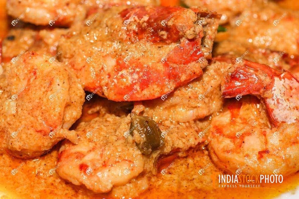Spicy Indian prawn curry food in close up view