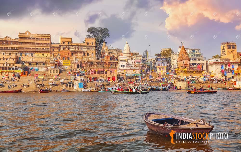 Varanasi ancient city architecture with boat on river Ganges