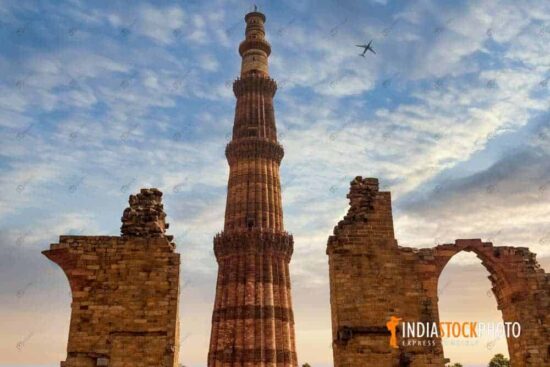 Historic Qutub Minar Delhi monument at sunset