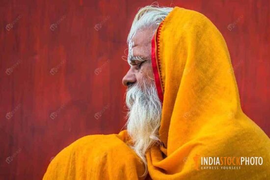 Hindu sadhu baba in close up meditating at Varanasi