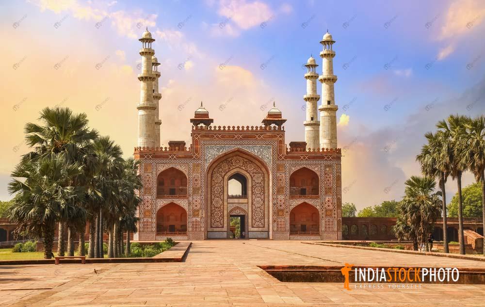 Akbar Tomb medieval stone gateway made of red sandstone and marble