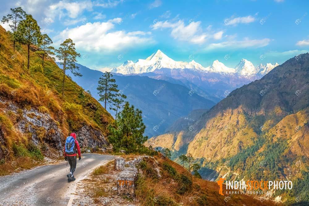 Tourist trekking on Himalaya mountain road at Binsar Uttarakhand