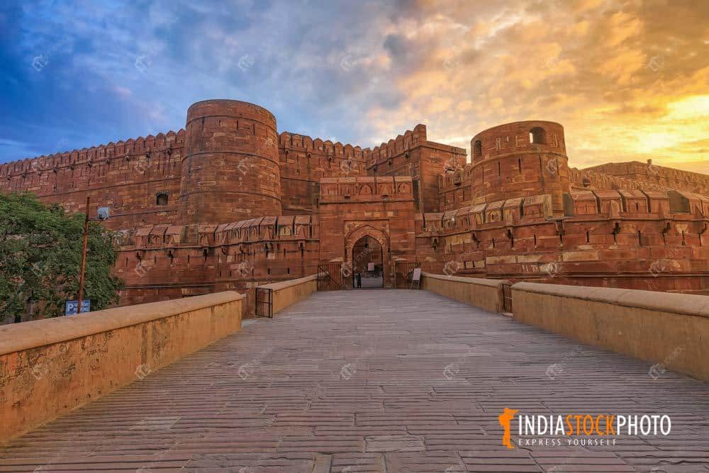 Historic Agra Fort exterior architecture at sunrise
