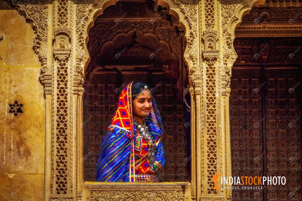 Rajasthani woman at heritage Patwon ki Haveli at Jaisalmer