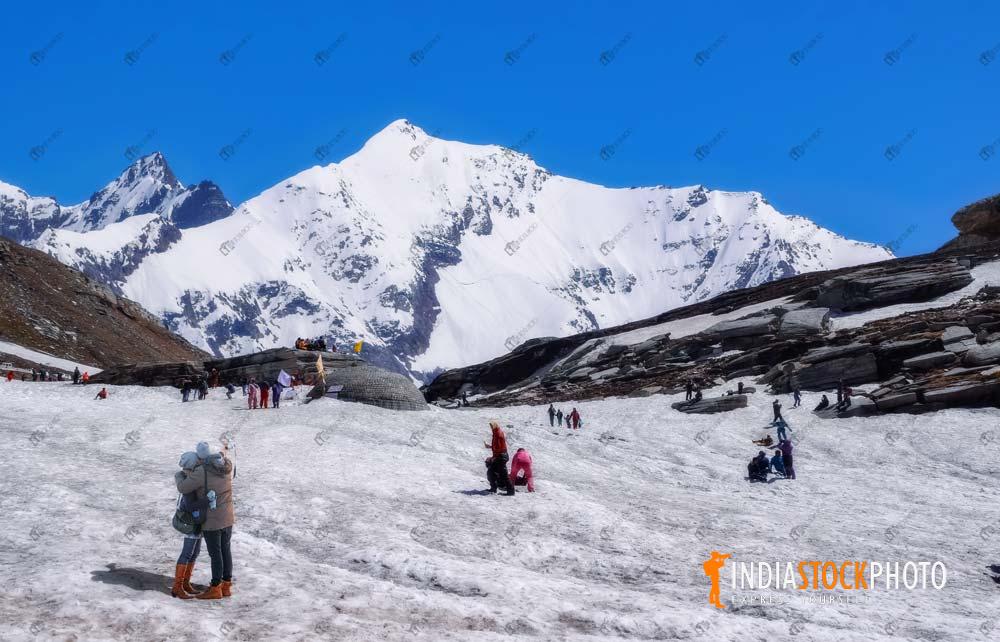 Tourists take selfie at snow covered Rohtang pass Himachal Pradesh