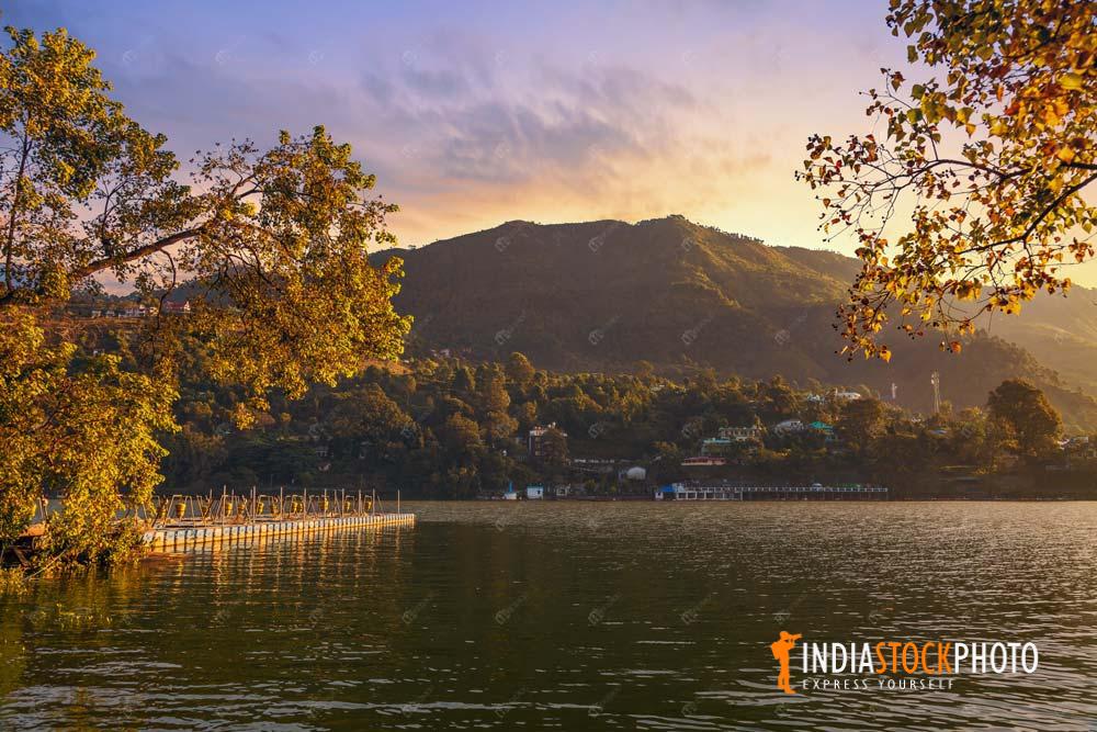 Bhimtal lake at sunset at Nainital Uttarakhand India