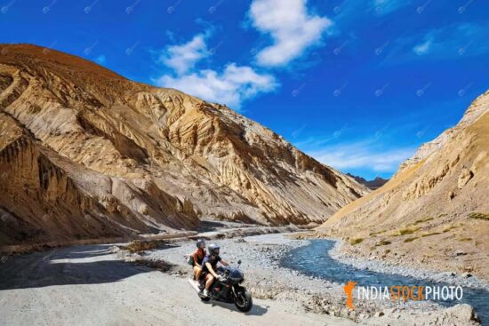 Tourist biker on Himalaya mountain road at Ladakh India