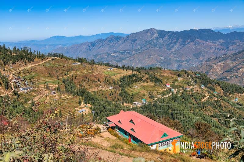 Aerial view of rural Himalaya landscape at Sarahan Himachal Pradesh India
