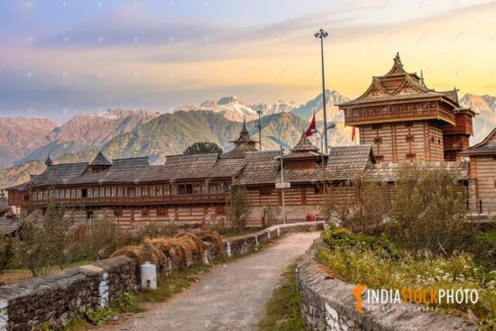 Ancient Bhima Kali stone temple with Himalaya range at Sarahan Himachal Pradesh