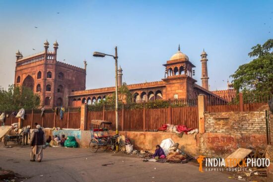 Old Delhi street near Jama Masjid mosque with ancient architecture