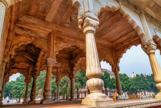Red Fort interior architecture with wall artwork and carved pillars